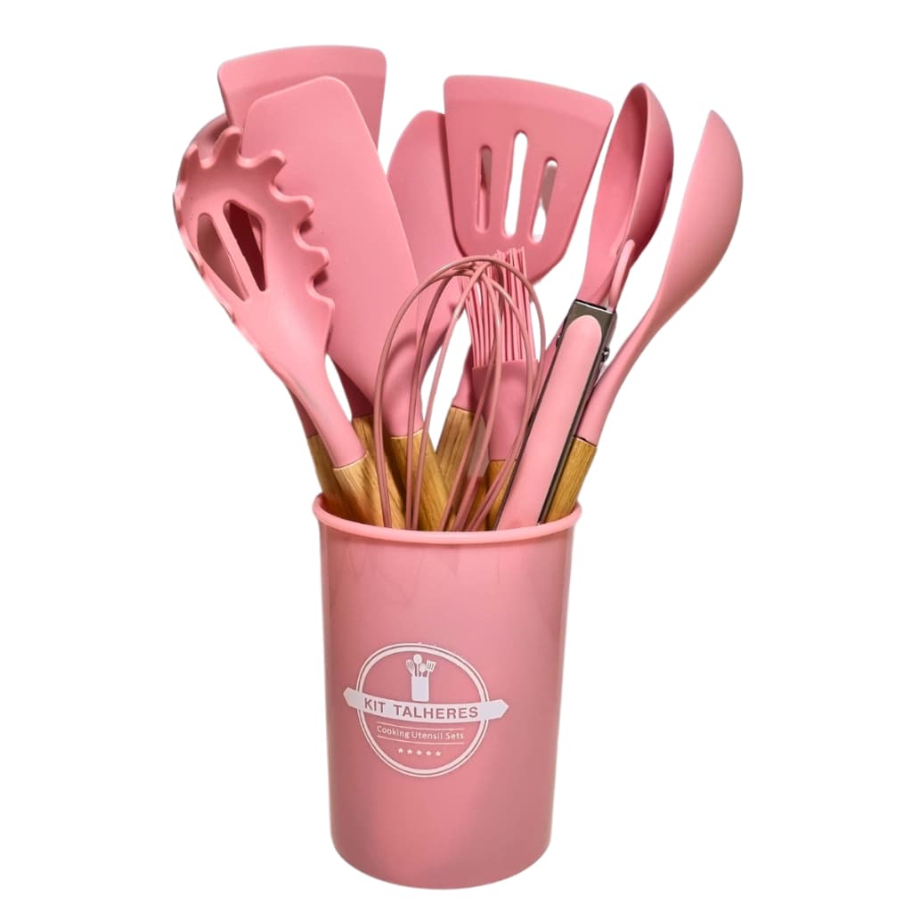 Kit Utensílios De Cozinha Com 12 Pçs Em Silicone Com Cabo De Madeira