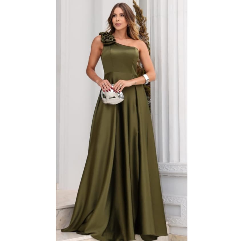 Vestido Longo de Festa Ombro Só Alfaiataria Com Flor Laço Acetinado Casamento Formatura
