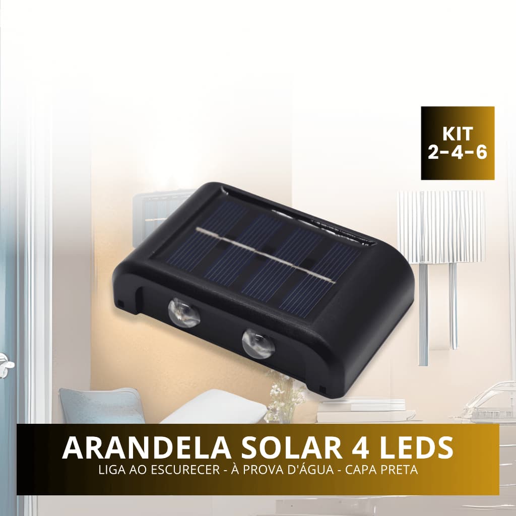 Kits Luminária Led Solar Arandela Parede 4 Leds 4s Jardim Luz Quente 3000k