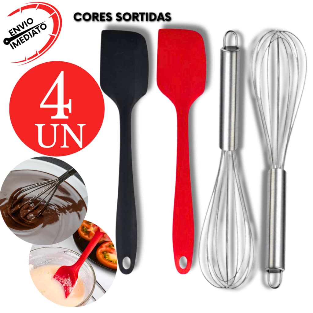 Kit 4 Utensilio Espatula de Silicone Fue Fuet Batedor de Ovos Aço Inox 4 Peças Cozinha Doceria