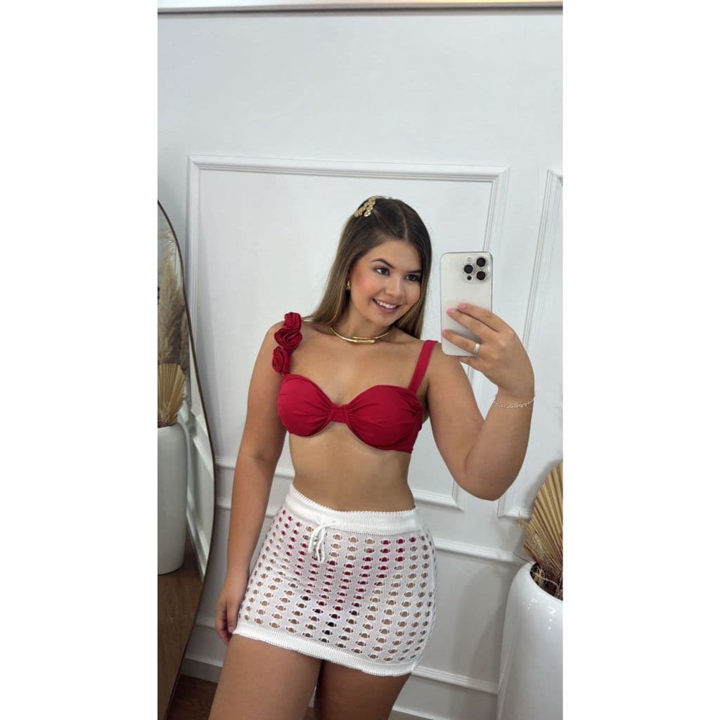Saia de Tricot Modelo Saída de Praia Feminina Verão Rendada com Elástico no Cós Cordão e Ponteiras