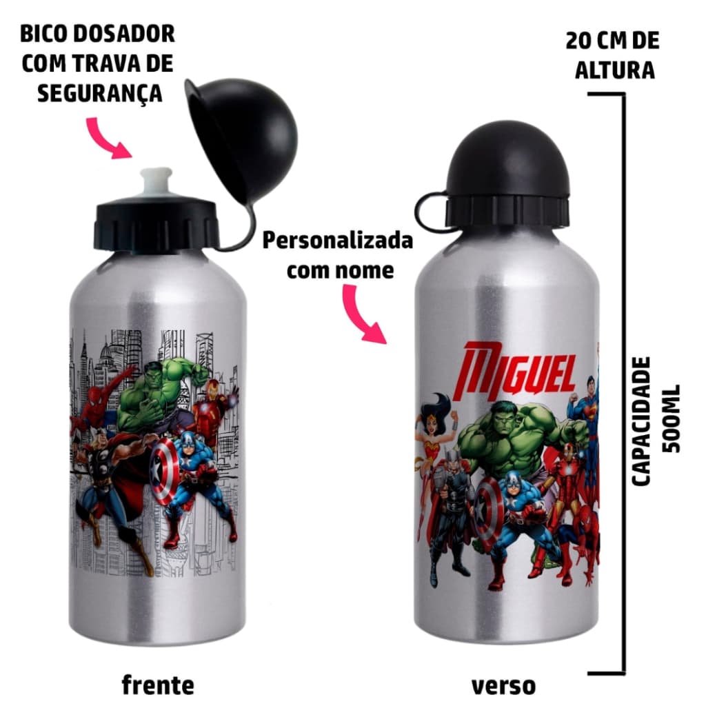 Garrafa Squeeze de alumínio infantil - Vingadores com nome