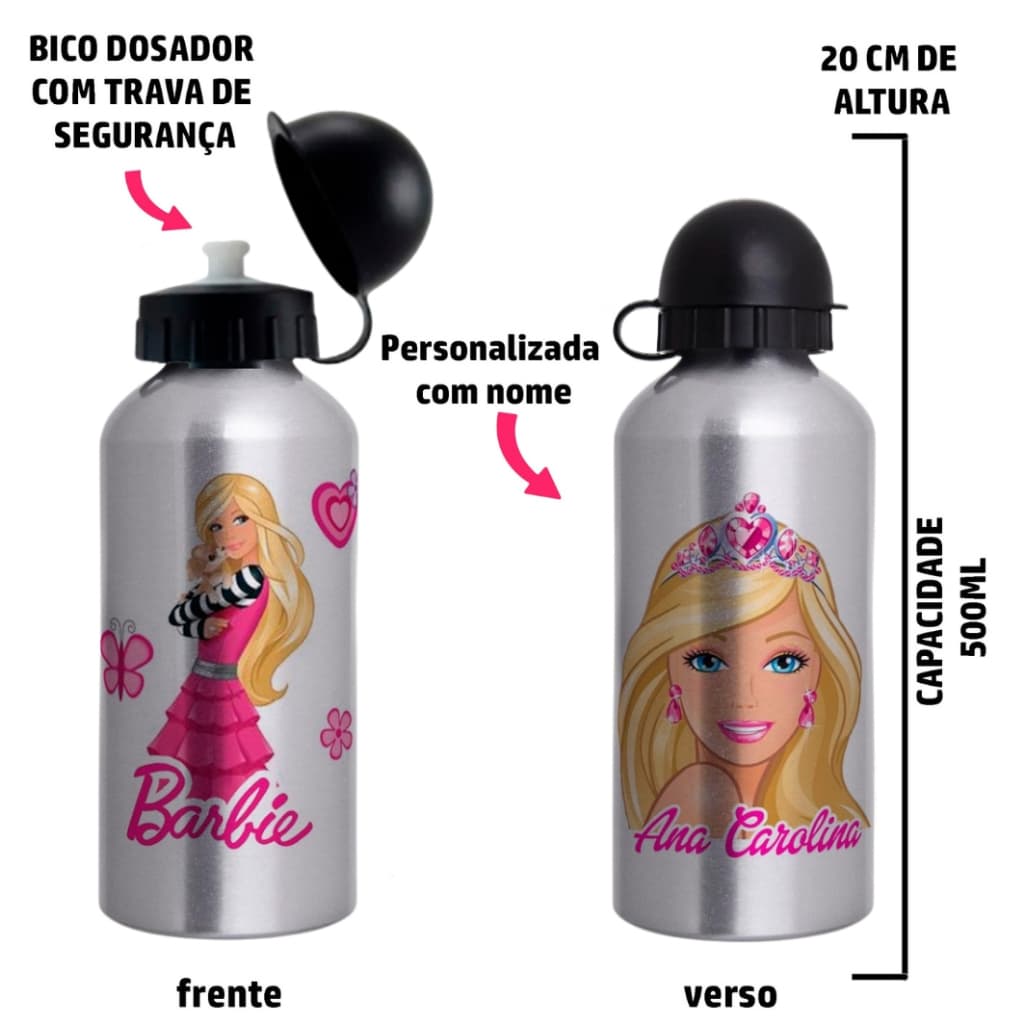 Garrafa Squeeze de alumínio infantil - Barbie com nome