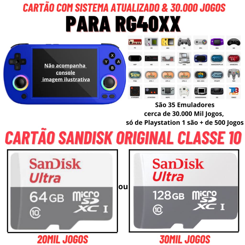 Cartão Original para Anbernic RG40xx com Sistema e Roms Cartão Sandisk Original Classe 10