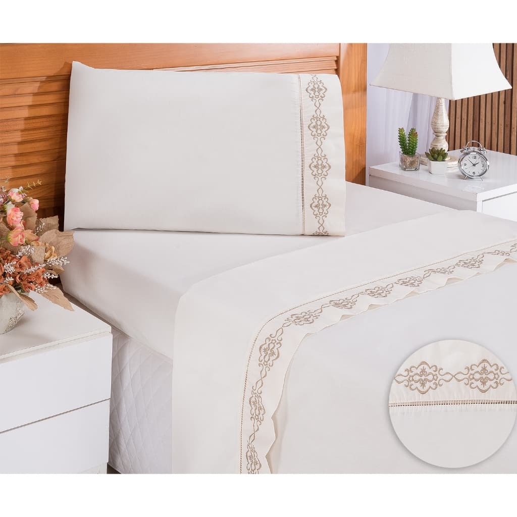 Jogo De Lençol Cama Solteiro Bordado 3 pçs 400 Fios