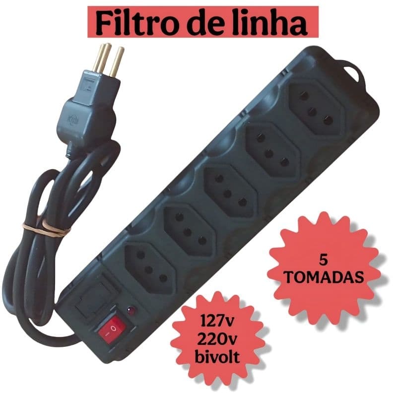 FILTRO DE LINHA RÉGUA DE 5 TOMADAS TRIPOLAR 10A COM FUSÍVEL PROTEÇÃO.