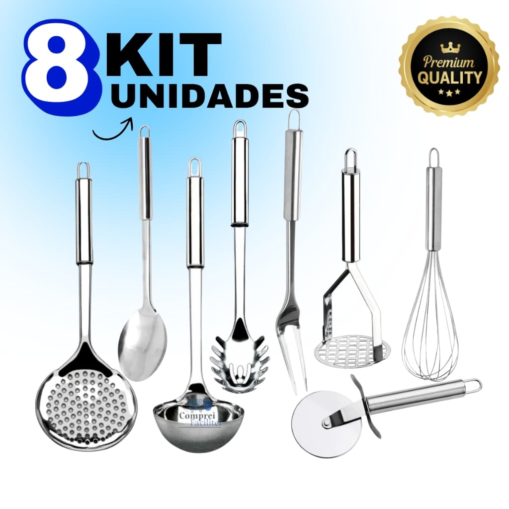 Kit 8 Peças De Utensílios De Cozinha 100% Inox Talheres Escumadeira