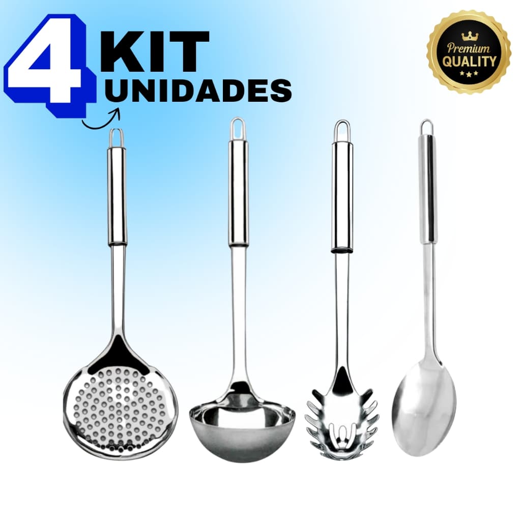 Kit 4 Peças De Utensílios De Cozinha 100% Inox Talheres Escumadeira