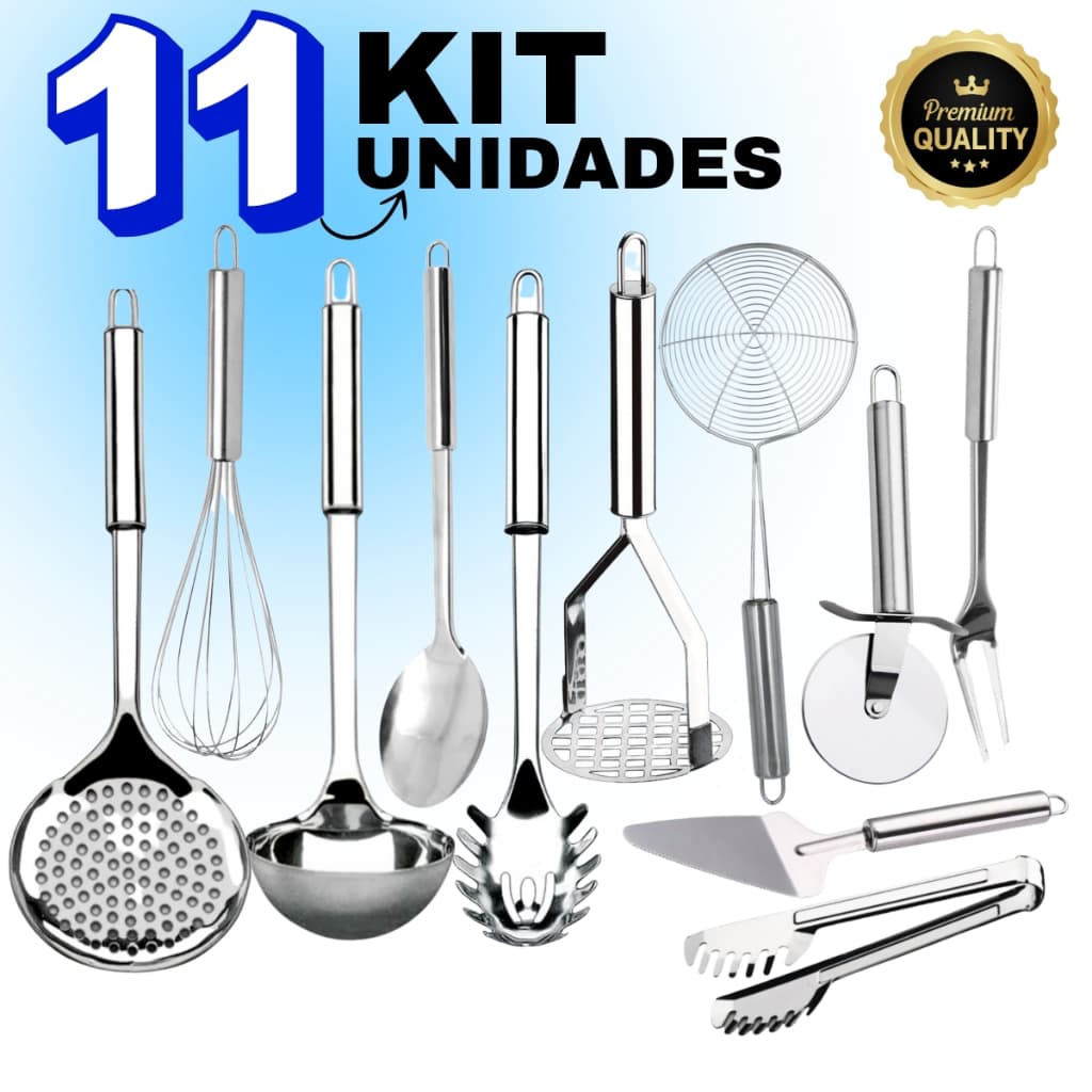 Kit 11 Peças De Utensílios De Cozinha 100% Inox Talheres Escumadeira