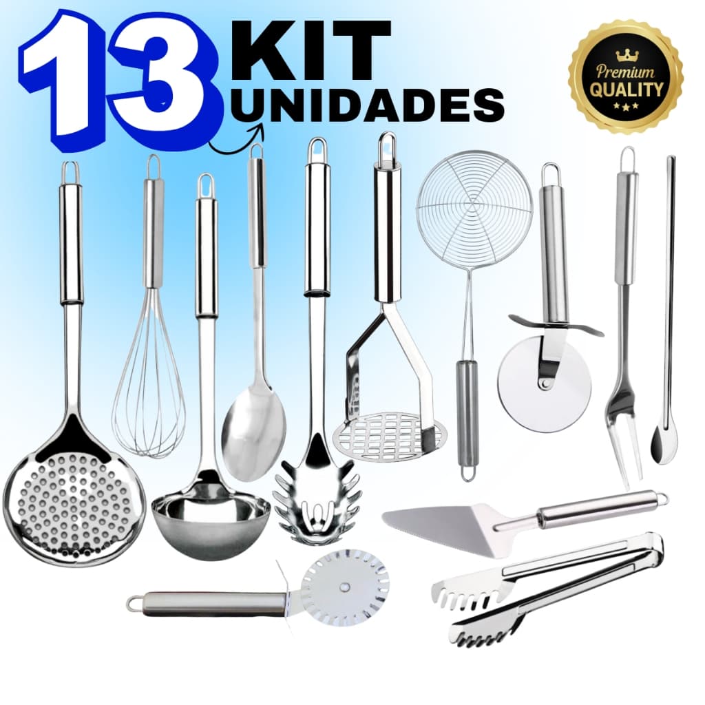 Kit 13 Peças De Utensílios De Cozinha 100% Inox Talheres Escumadeira