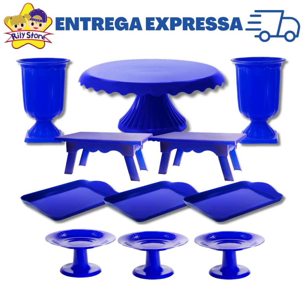Kit New Decora Boleira Cake Renda 22cm + 2 Vasos Grego + 2 Mesinhas + 3 Bandejas 20x13 + 3 Mini Cake - Diversas Cores