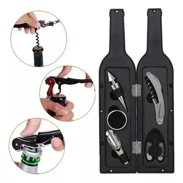 Kit Vinho 5 Peças Abridor Saca Rolha Inox Forma Garrafa PERSONALIZADO