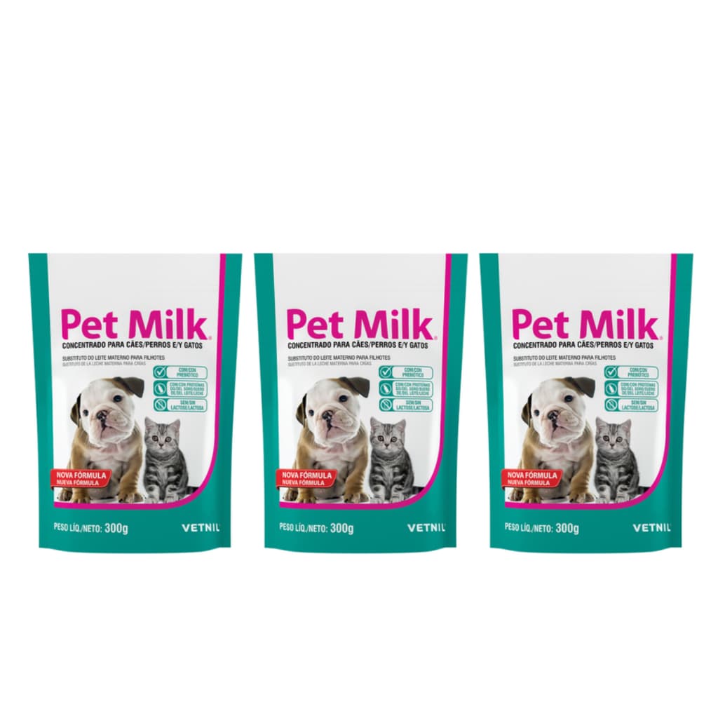 Pet Milk 300g Para Cães Gatos Substituto Do Leite Materno - Vetnil - 3 unidades