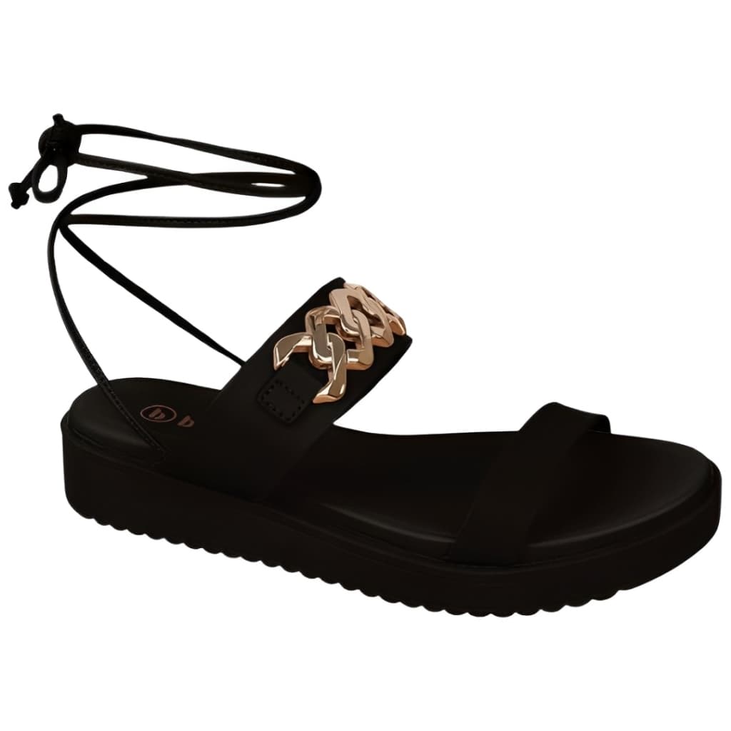 Sandália Feminina Flatform Preta Bebecê Solado Anabela Amarração na Perna