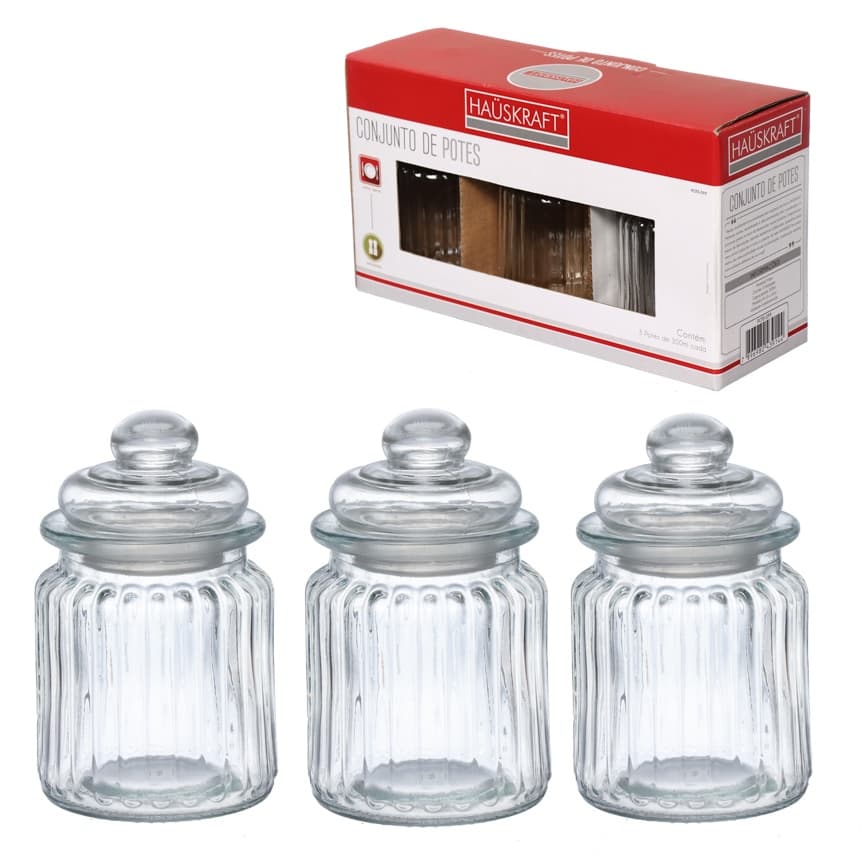 Jogo 3 Potes Temperos Balas Em Vidro Tampa Hermética 280ml Multiuso