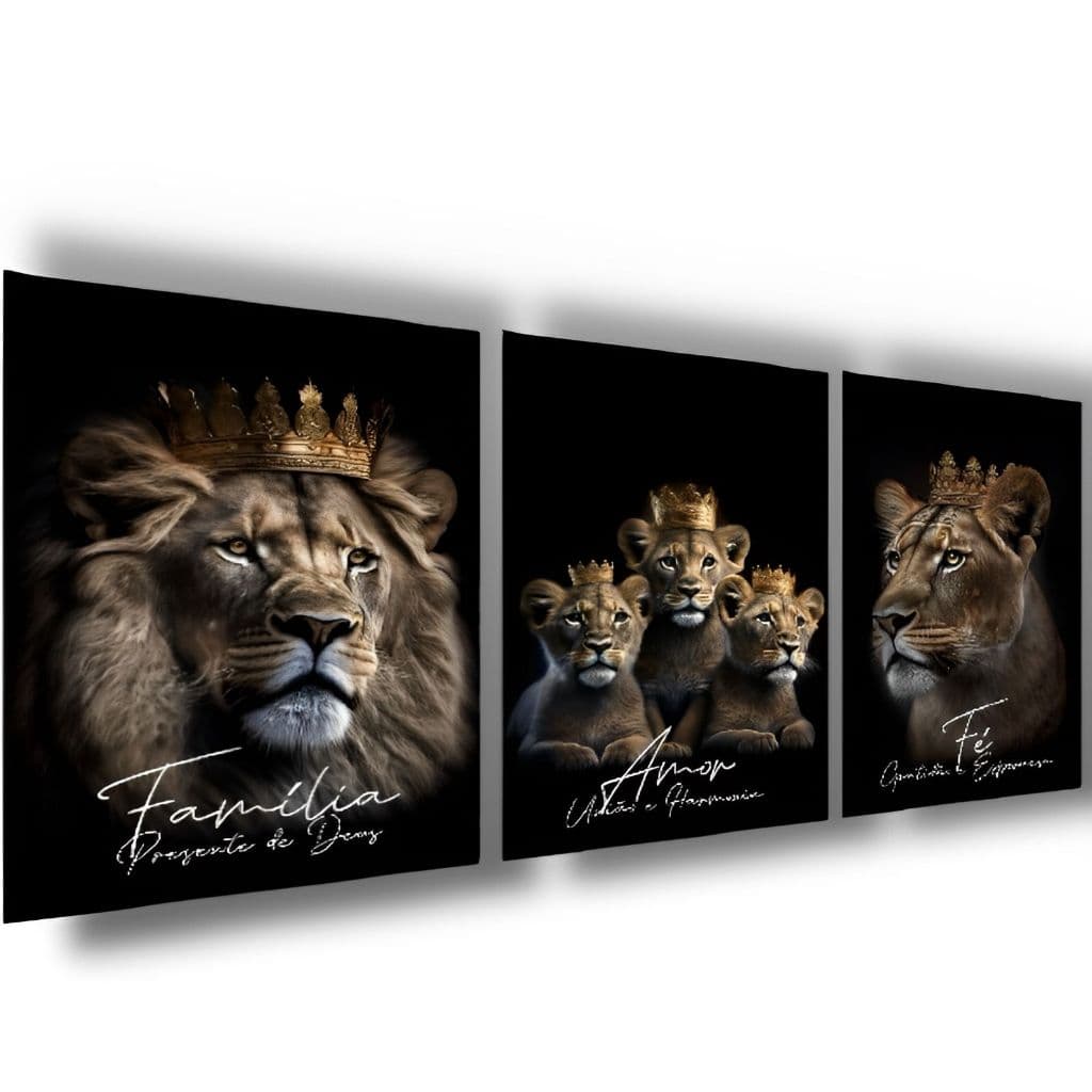 Quadros Leão Rei Familia Decorativo com Frase Filhotes 3 Peças