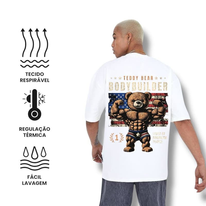 Camiseta Bodybuilder Algodão Treino Camisa Masculina Obersized Blusa Academia Gym Urso Streetwear Branca