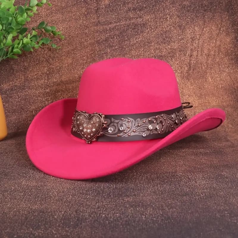 1pc Chapéu de Cowboy PINK Estilo Britânico Feminino com Faixa de Coração de Strass