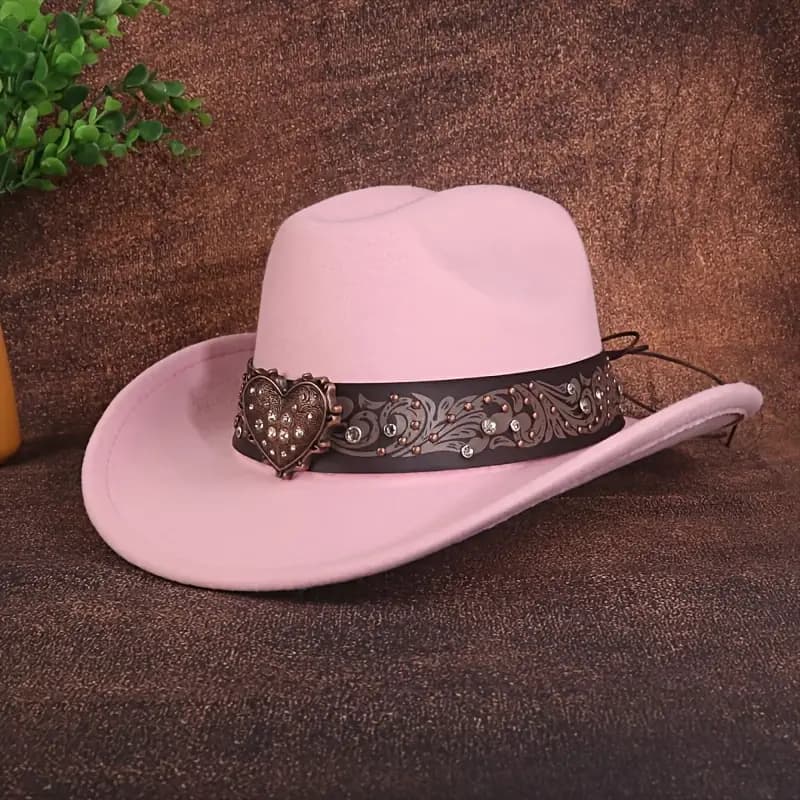1pc Chapéu ROSA de Cowboy Estilo Britânico Feminino com Faixa de Coração de Strass