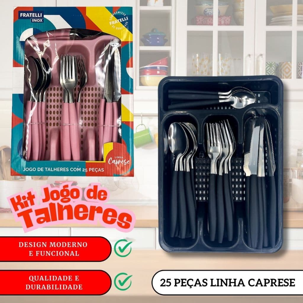 Kit Jogo de Talheres Inox 25 Peças c/ Gaveteiro | Faqueiro Organizador de Cozinha, Conjunto Completo para Mesa, Premium