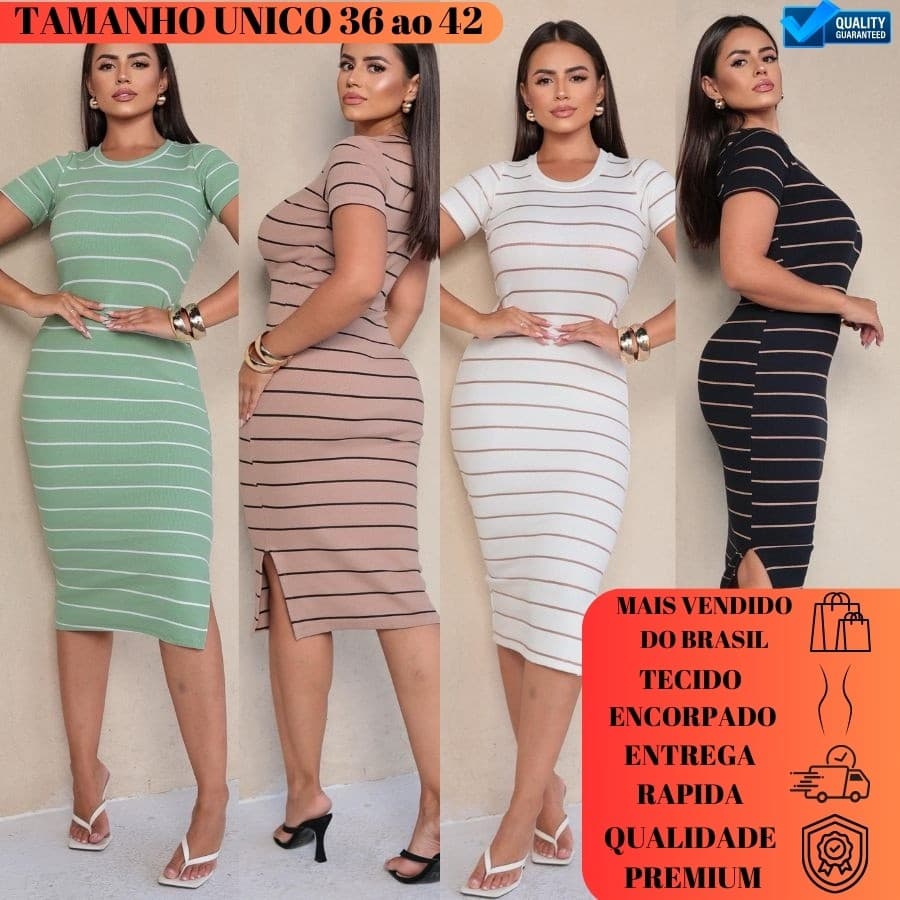 Vestido Midi Com Fenda Lateral Na Perna Feminino Tecido Ribana Premium Luxo