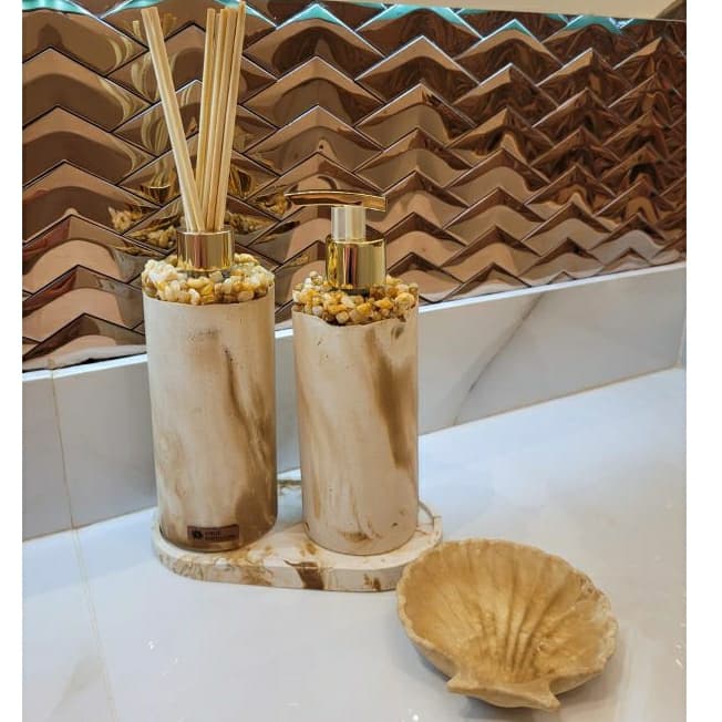 Kit Lavabo c/ 4 Pç Difusor Aromatizador, Saboneteira, Porta Joia e Bandeja Banheiro Sala Escritório