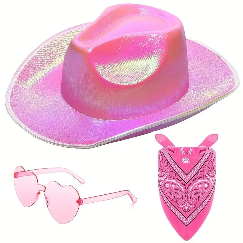 CONJ 3 PÇ COM CHAPÉU ROSA  de brim neon arco-íris - Chapéu de brim feminino metálico holográfico disco