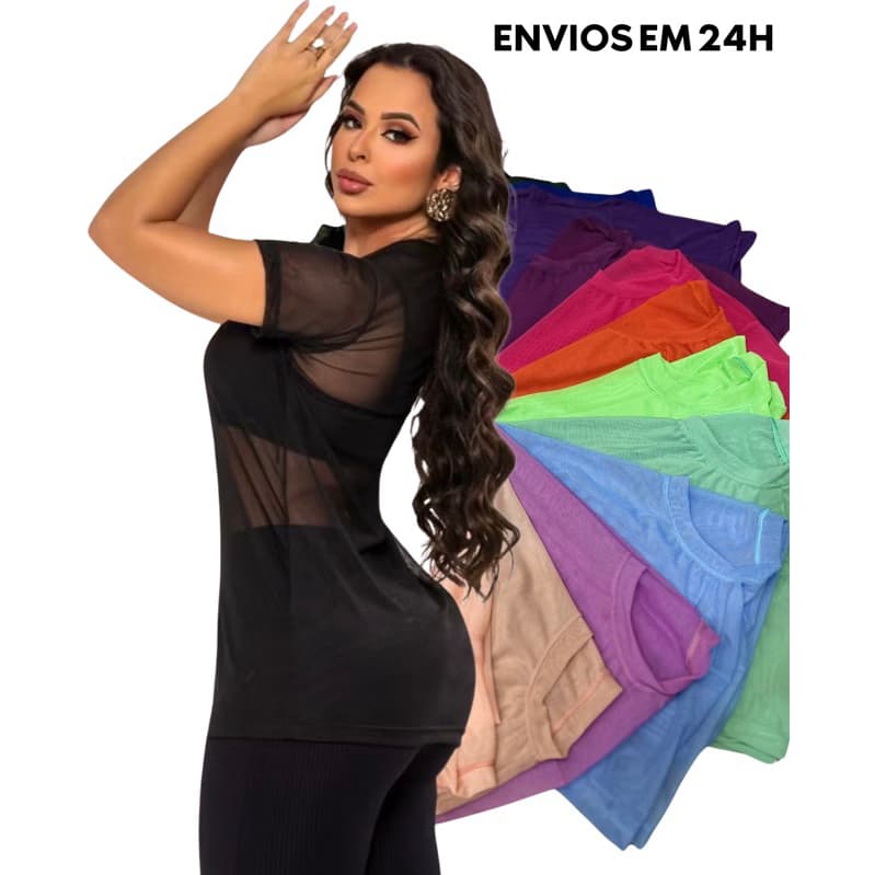 Blusa Feminina Transparente de Tule Academia Fitness Tapa Bumbum Treino