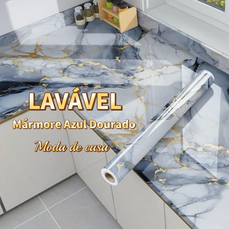 Papel de parede Adesivos para cozinha Mármore Azul  Dourado 5 Metro x 60 cm Resistente a Agua/Óleo material lavável
