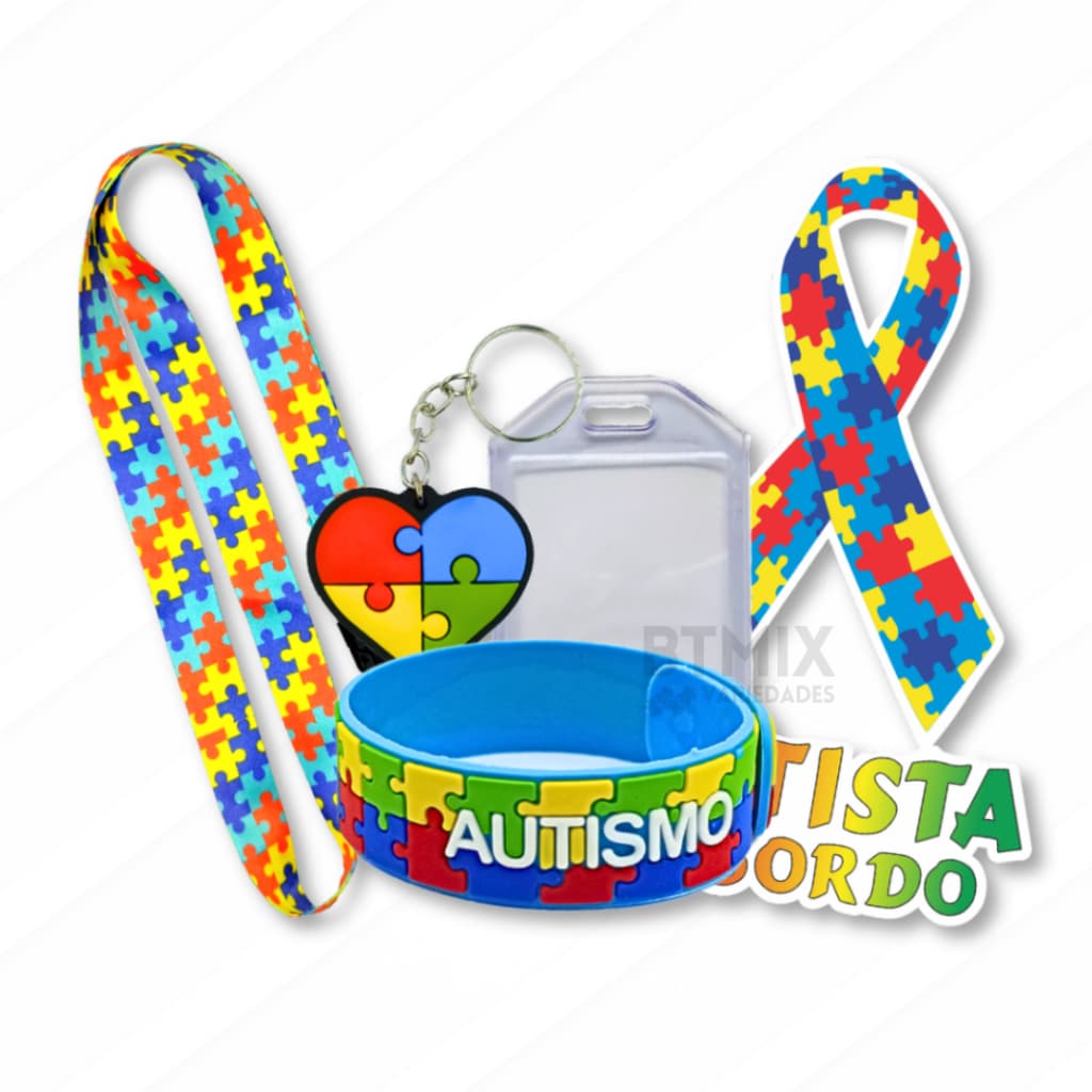 Kit Autismo 05 Peças - Cordão Pulseira Chaveiro Adesivo Automotivo e Porta Crachá Vertical - Kit Autista AZUL - CÓD 002