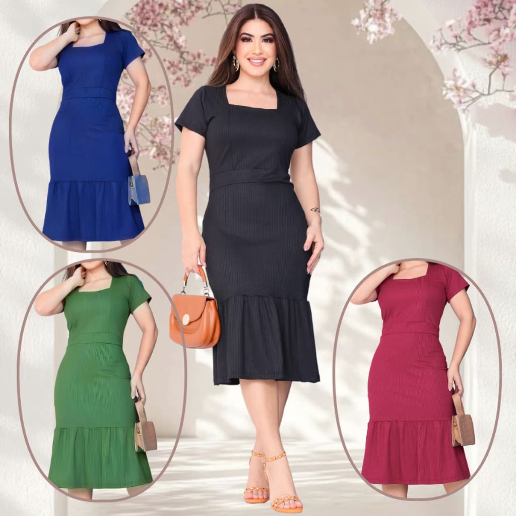 Vestido Mídi Maria Canelado Manga Curta Decote Quadrado Moda Feminina Social Evangélica Plus PREMION