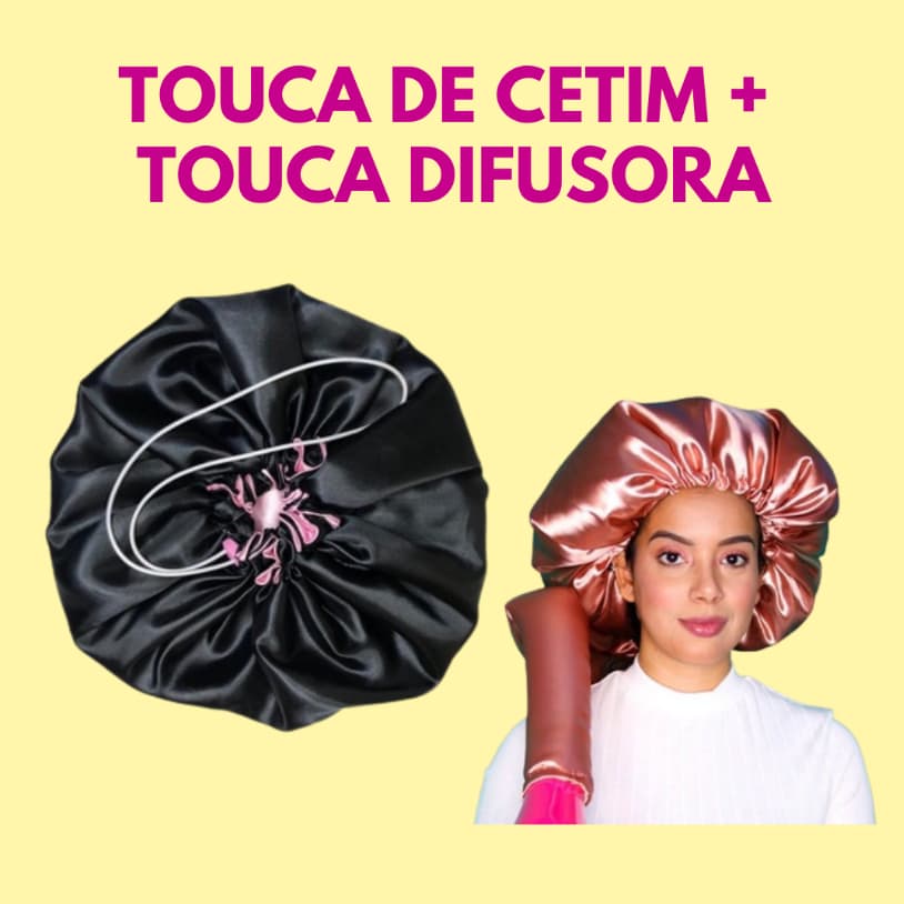 Kit 1 Touca de Cetim - tam 55cm - Dupla face regulável + 1 Touca difusora de Cetim Secadora Ideal Para Secar o Cabelo