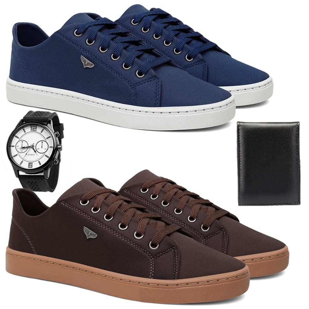 Kit 2 Tênis Masculino Casual Azul e Marrom Sola Reta + Relógio e Carteira KIT BARATO