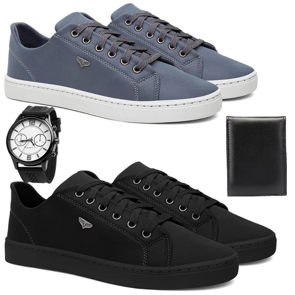 Kit 2 Tênis Masculino Sapatenis Casual Dia a Dia Leve Macio Resistente + Relógio e Carteira OFERTA