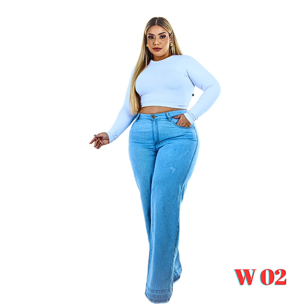 Calça Feminina Wide Leg Plus Size Jeans Cintura Alta Sem Elastano Curve Premium