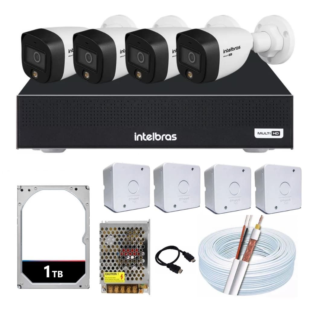 Kit 4 Câmeras Segurança Intelbras Full Color 1080p Dvr 4 canais Mhdx 1104- C HD 1 TB Filma Colorido Noite Acesso Celular