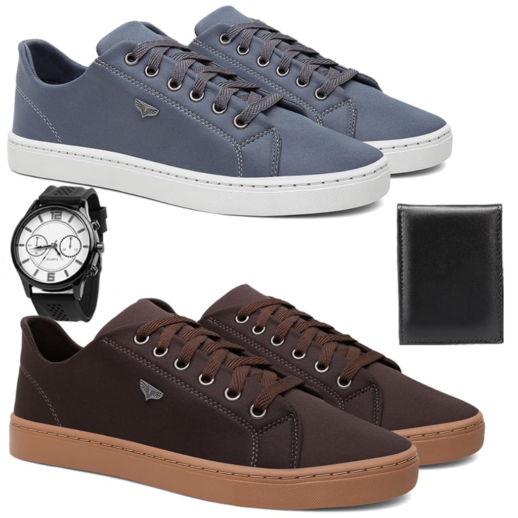 Kit 2 Tênis Masculino Sola Reta Macia Costurada Sapatenis Premium + Relógio e Carteira