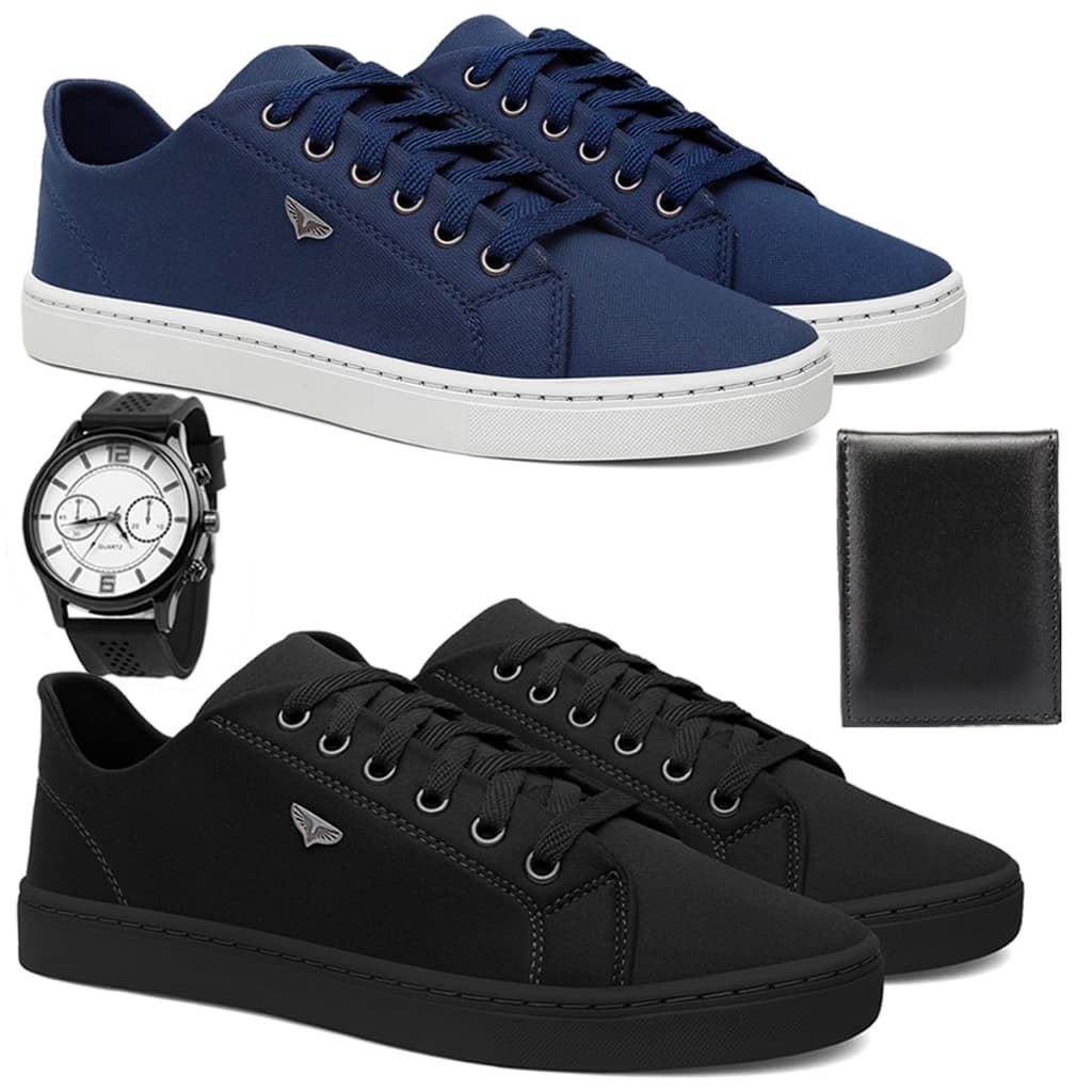 Kit 2 Tênis Masculino Sapatenis Dia a Dia Passeio Caminhada Trabalho + Relógio e Carteira
