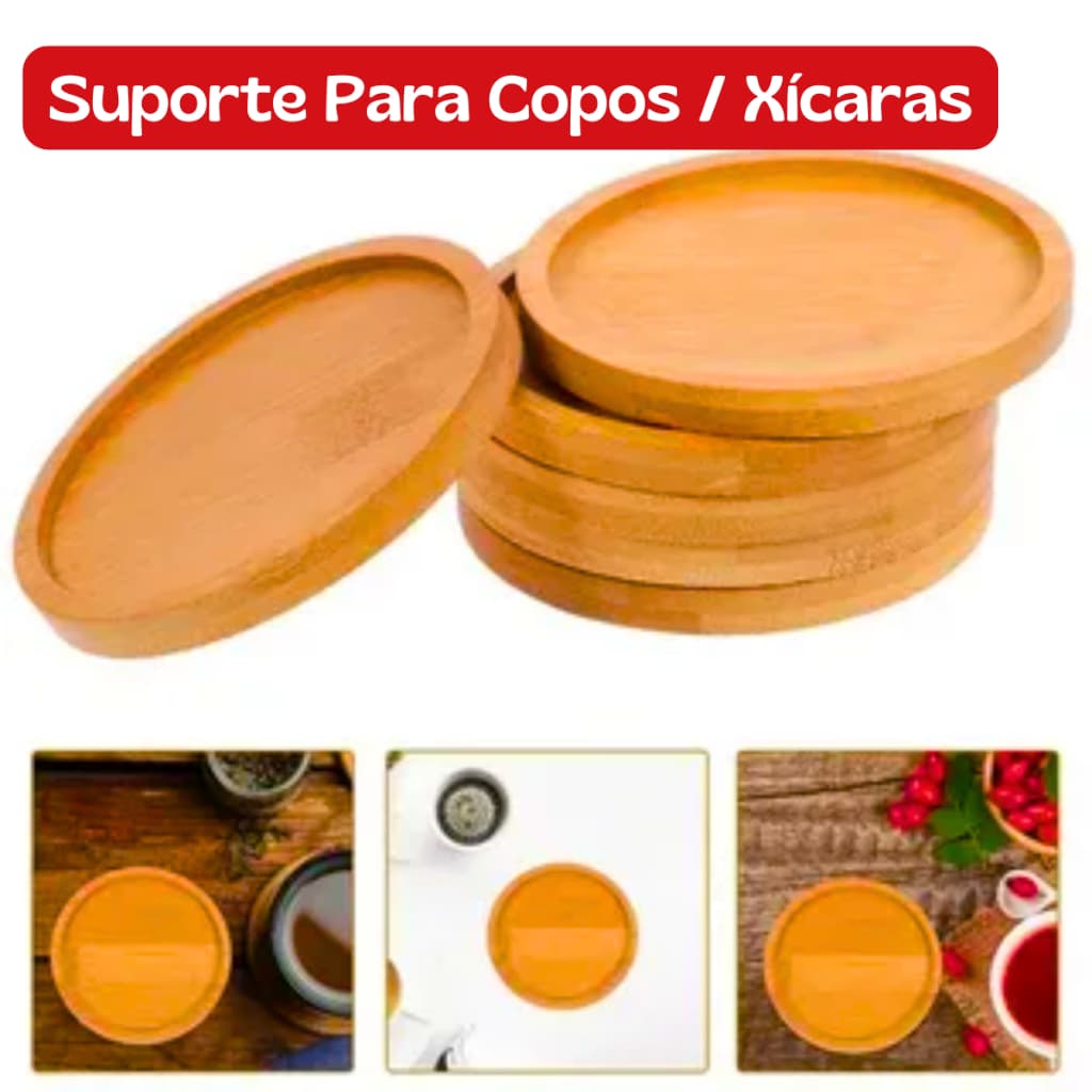 Suporte Redondo Para Copos Xicaras Em Pires Bambu - 4und