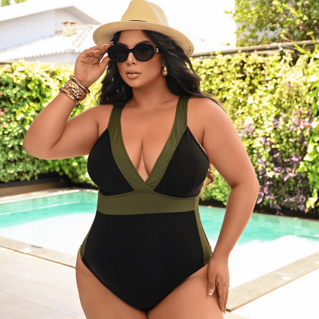 Body Plus Size Maiô Tendência Verão 2025 Decote V Bojo Forrado Tecido Grosso