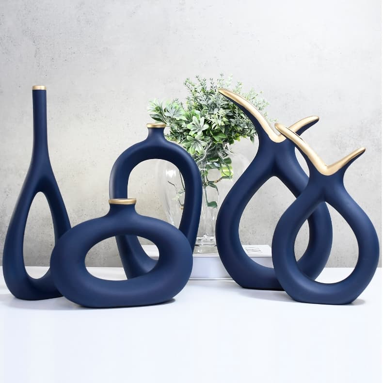 Conjunto 5 Peças Kit Enfeite Cerâmica Vasos Sala Completo Decorativas Trio Rack Centro Mesa Cozinha
