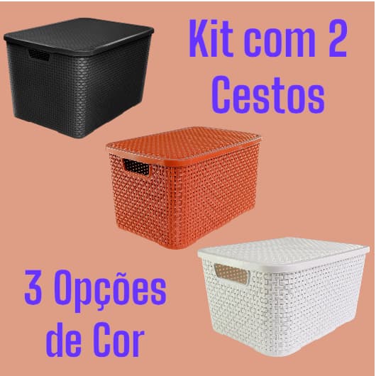 Kit 2 Caixas Organizadora Rattan Cesto com Tampa 15 Litros Branca Terracota Marrom  Preta Plástico