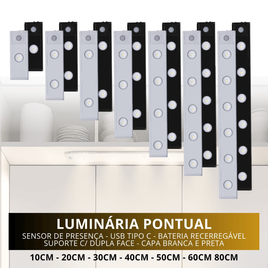 Luminária Led Barra Pontual Usb Recarregável Sensor Presença Luz 3 Cores Branco Frio Neutro e Quente