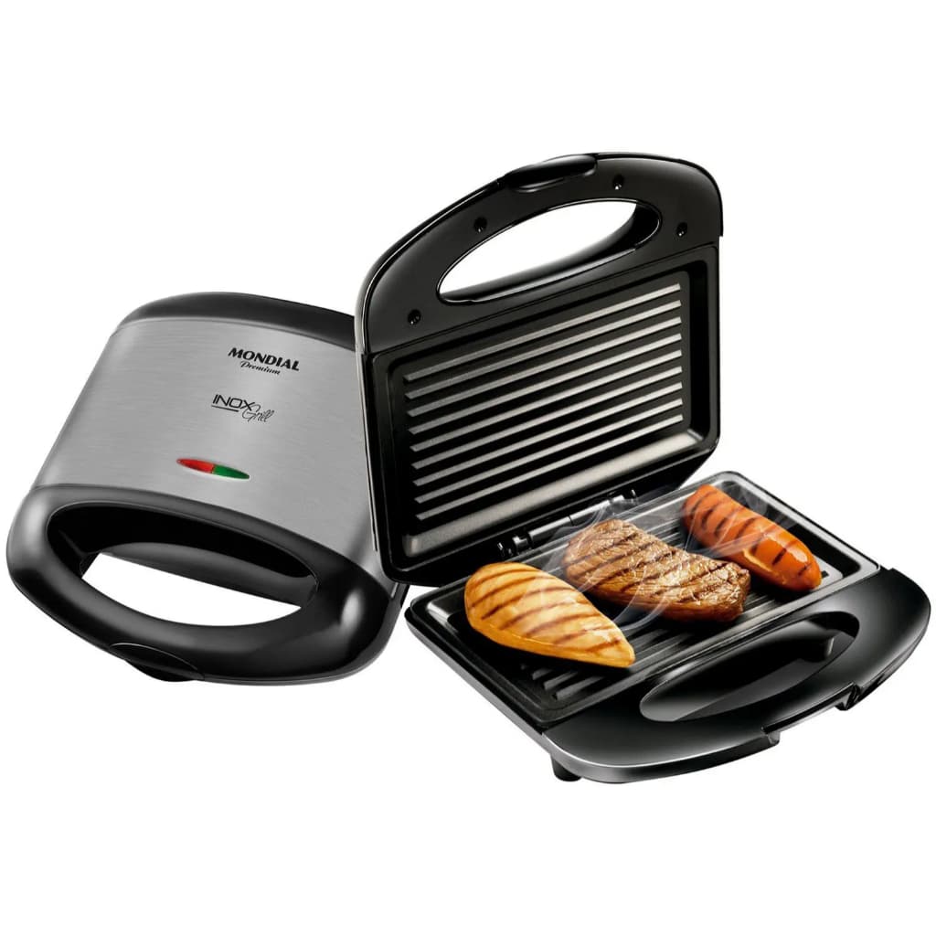 Sanduicheira Elétrica Portátil 2 em 1 Mondial Premium Inox Preto Grill Chapa S-07