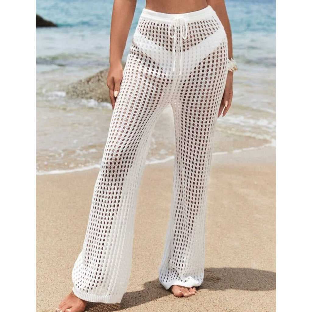 Calça Saída de praia Pantalona Tricot Crochê Moda Praia Verão Cordão de Ajuste Tendência