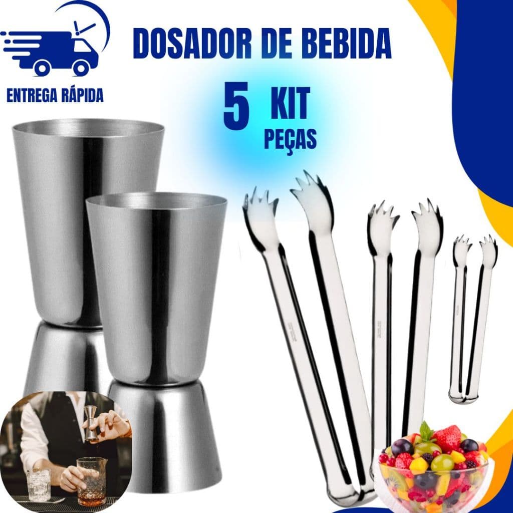 KIT 3 Pegador salada, frutas e 2 Dosador duplo de inox para Bebidas e Drinks