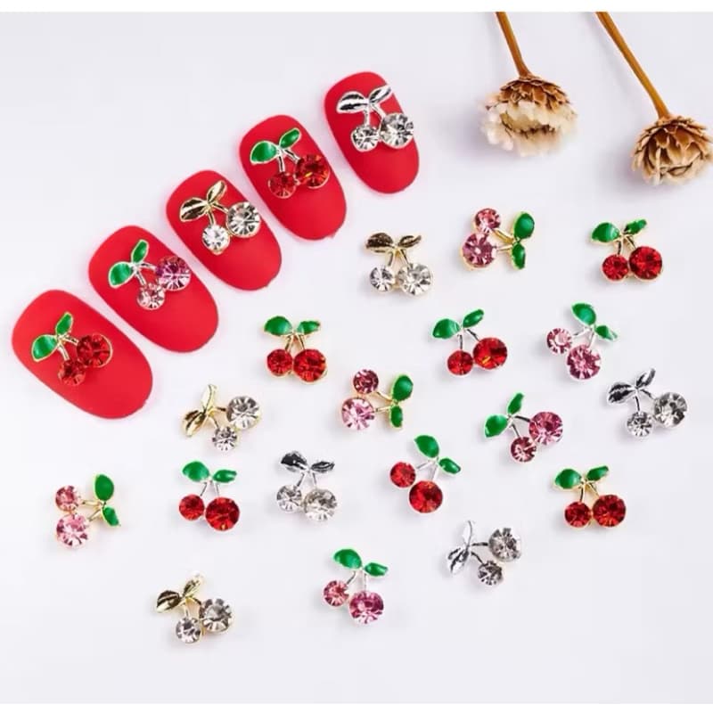 Strass Aplique Charm De Cerejinha Cereja Rosa Vermelha Dourada Para Unhas - 10pçs
