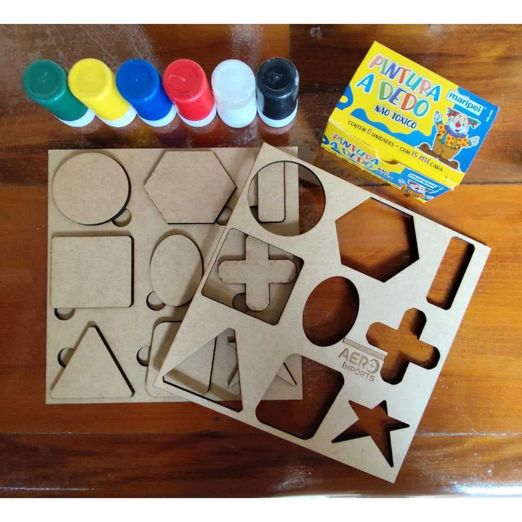 Brinquedos Educativos Pedagógicos Madeira MDF - Régua Geométrica + Tinta Guache + Brinde