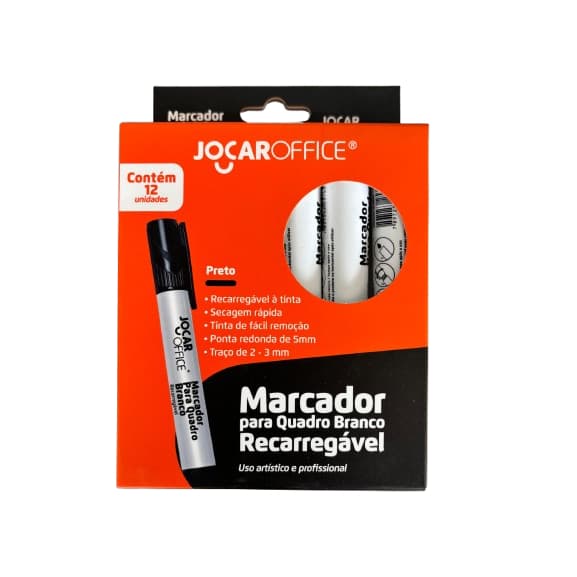 Kit Marcador para Quadro Branco Preto 12 Unidades Recarrregável Jocar Office