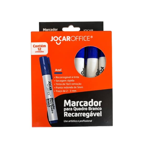Kit Marcador para Quadro Branco Azul Recarregável 12 Unidades Jocar Office